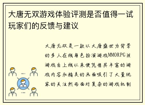 大唐无双游戏体验评测是否值得一试玩家们的反馈与建议